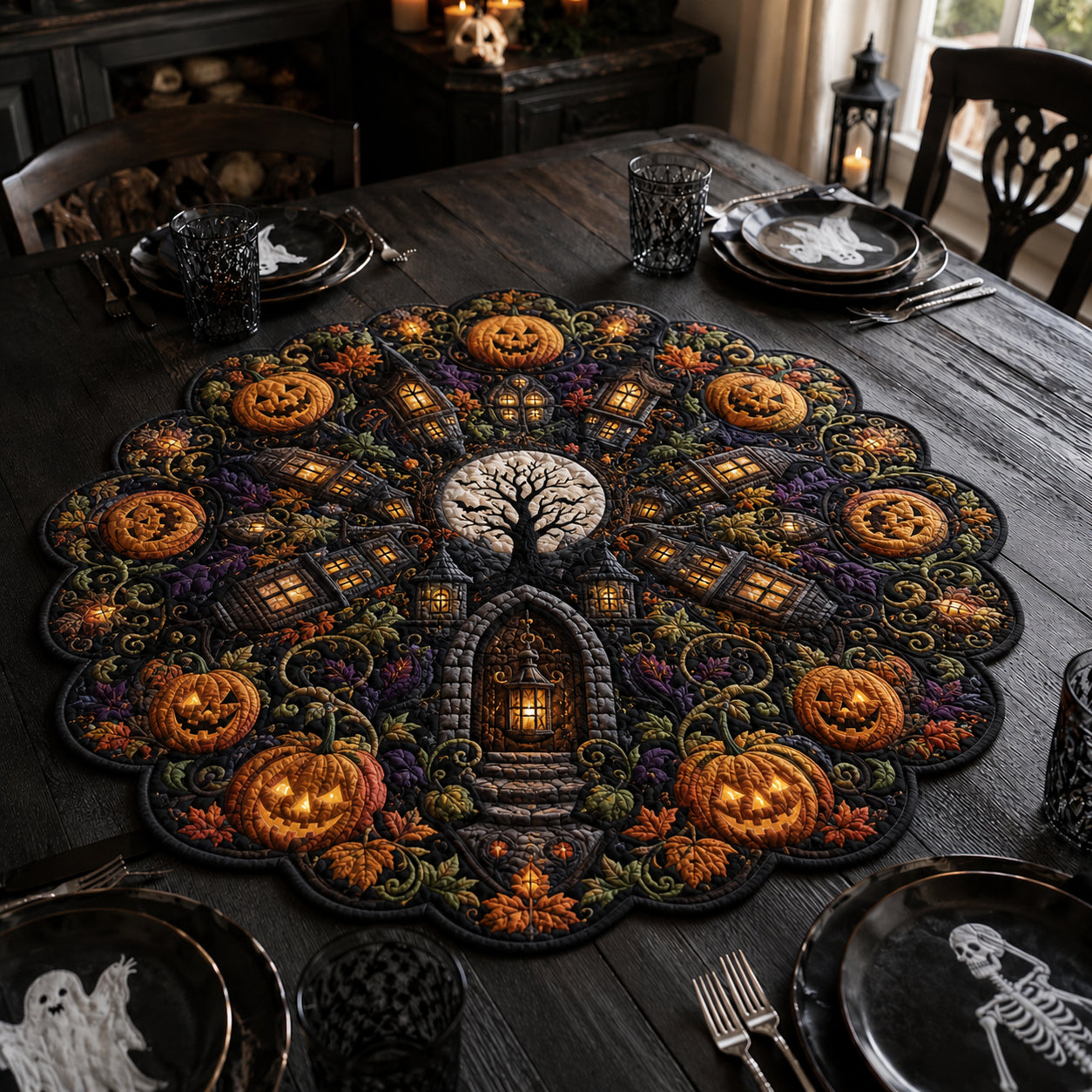 Pumpkin Graveyard Portal Custom Shape Quilted Table Topper SN0DV369
