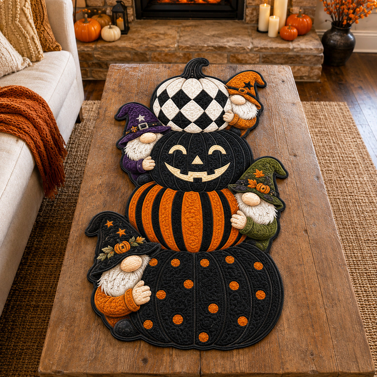 Pumpkin Mischief Custom Shape Quilted Table Runner SN0TV004