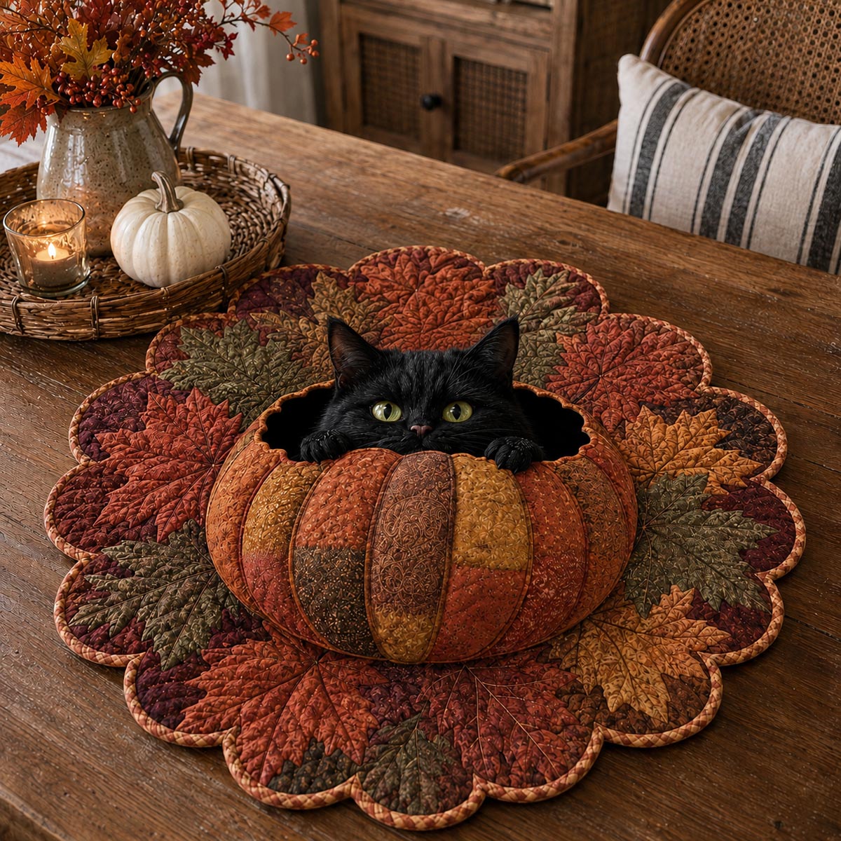 Pumpkin Patch Cat Custom Shape Quilted Table Topper SN0DV263
