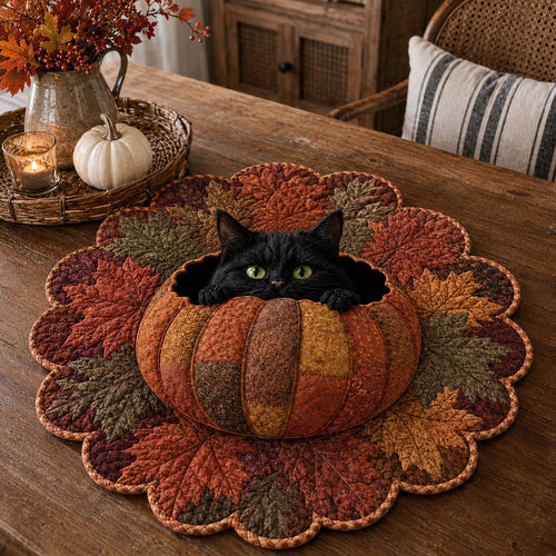Pumpkin Patch Cat Custom Shape Quilted Table Topper SN0DV263