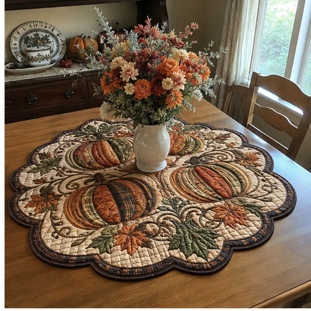Pumpkin and Leaves Custom Shape Quilted Table Topper SN0PT476