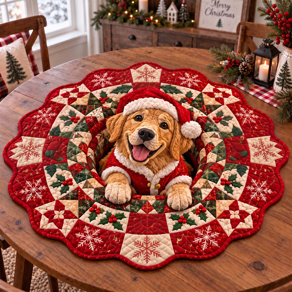 Puppy Golden Winter Custom Shape Quilted Table Topper SN0HH0688