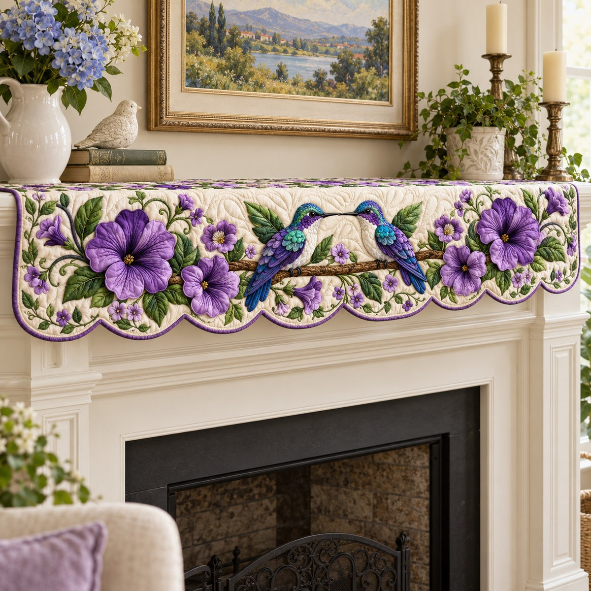 Purple Petunia Hummers Quilted Mantel Scarf SN0TV946