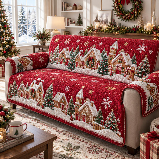 Red Christmas Village Lane Quilted Sofa Cover SN0DV646