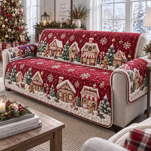 Red Christmas Village Quilted Sofa Cover SN0DV636