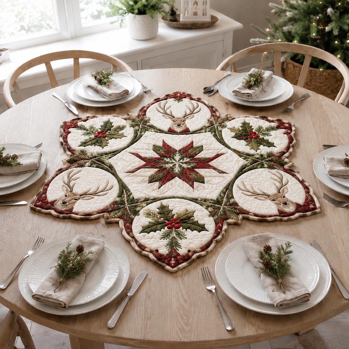 Reindeer Christmas Wreath Custom Shape Quilted Table Topper SN0DV327