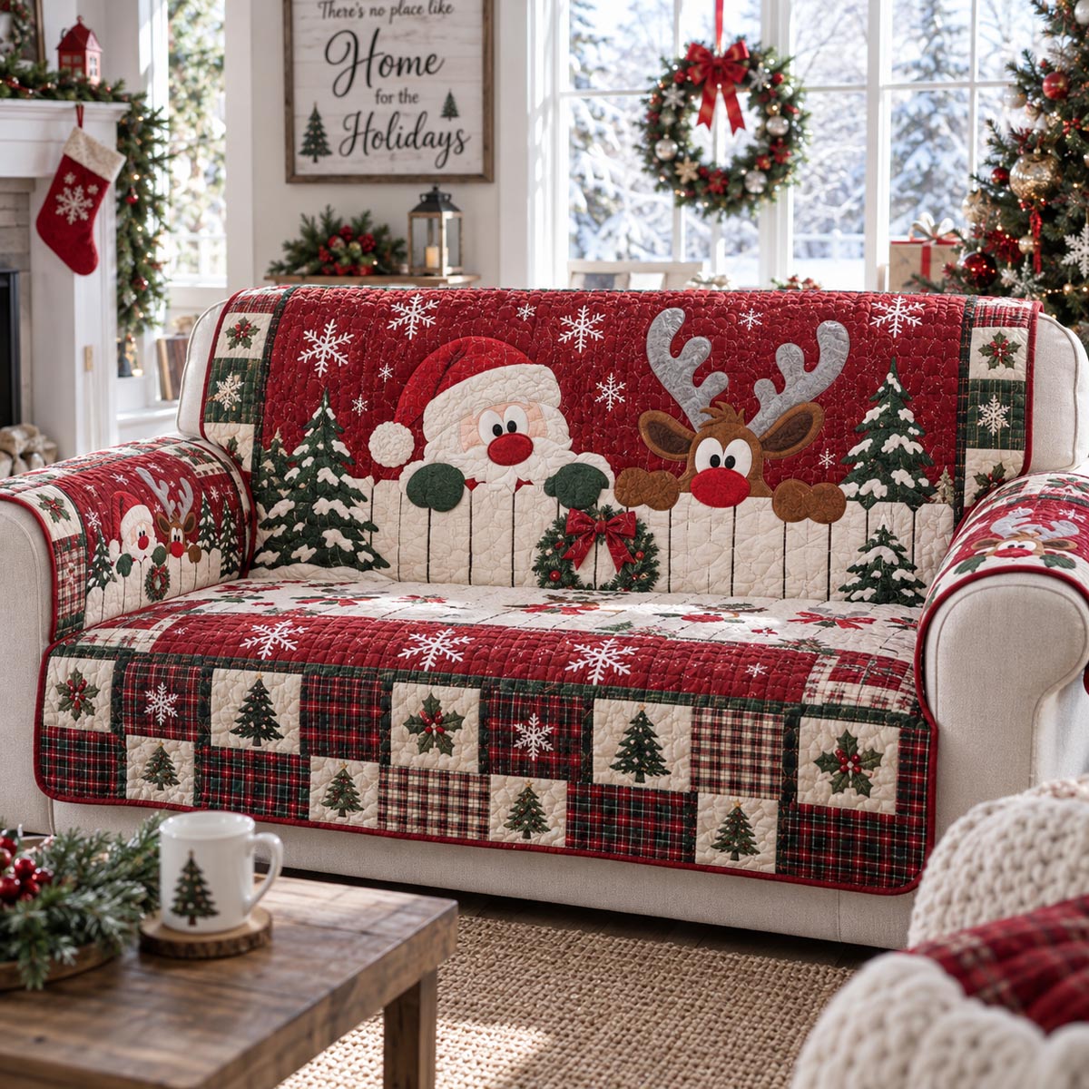 Reindeer Snowman Patchwork Quilted Sofa Cover SN0DV634