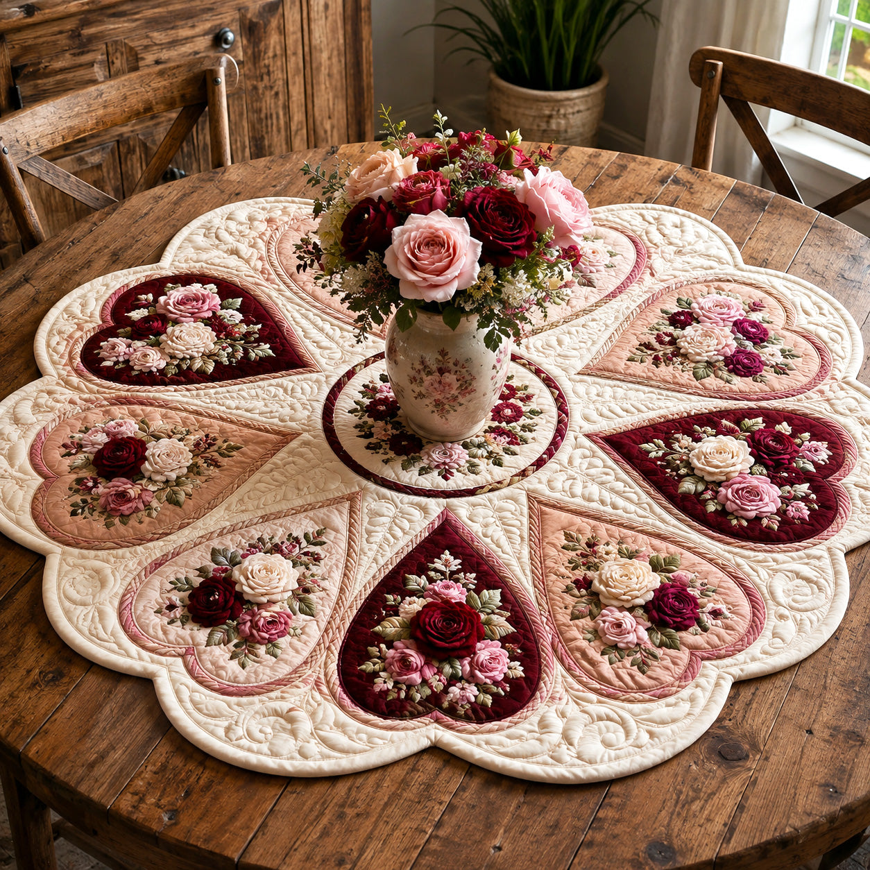Romantic Bloom Custom Shape Quilted Table Topper SN0TV090