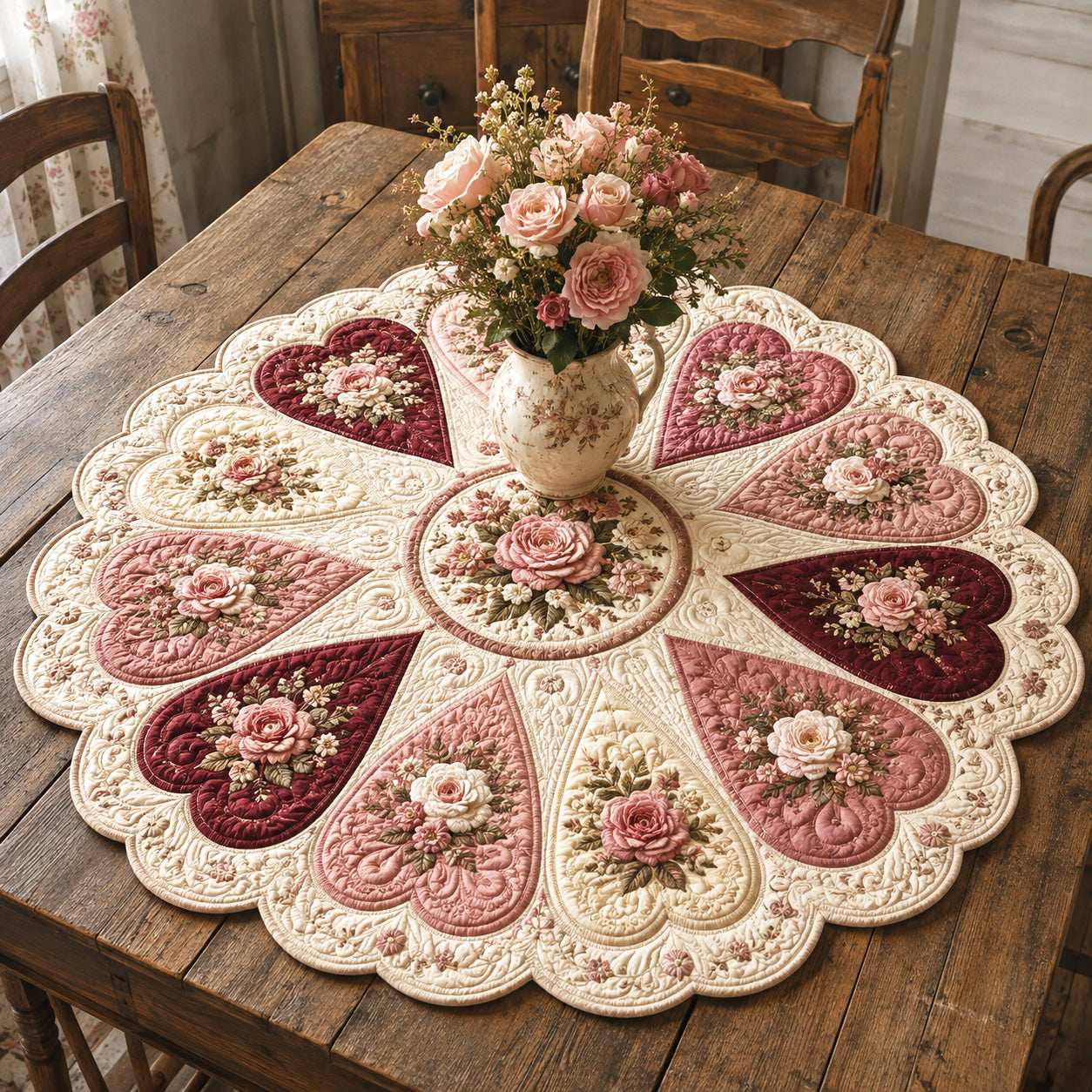 Rose Heart Custom Shape Quilted Table Topper SN0TV087