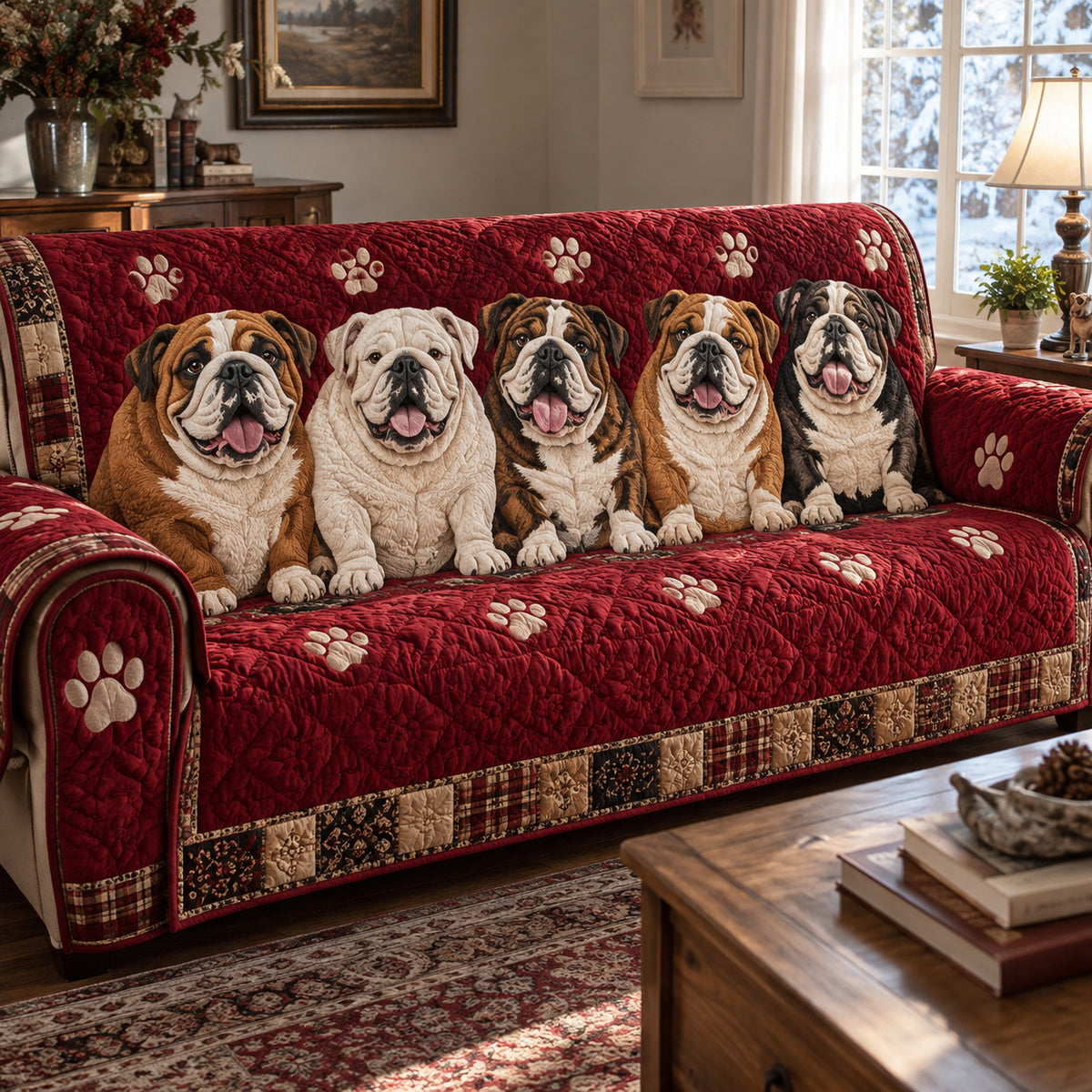 Rustic Bulldog Family Quilted Sofa Cover SN0DV664