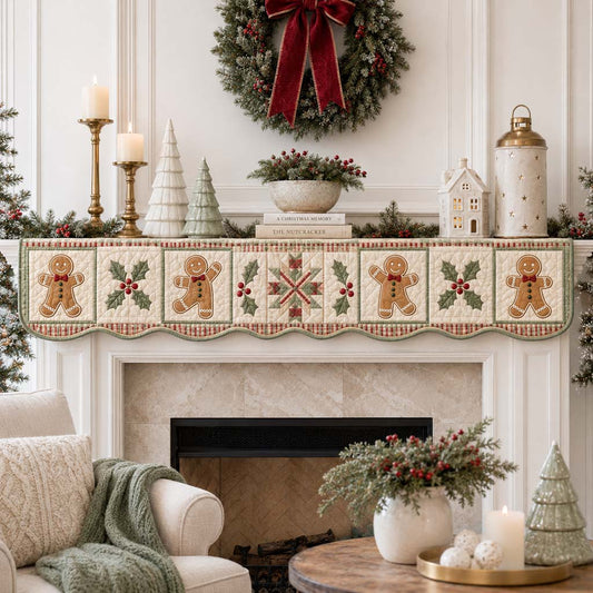 Rustic Gingerbread Holly Quilted Mantel Scarf SN0HH0326