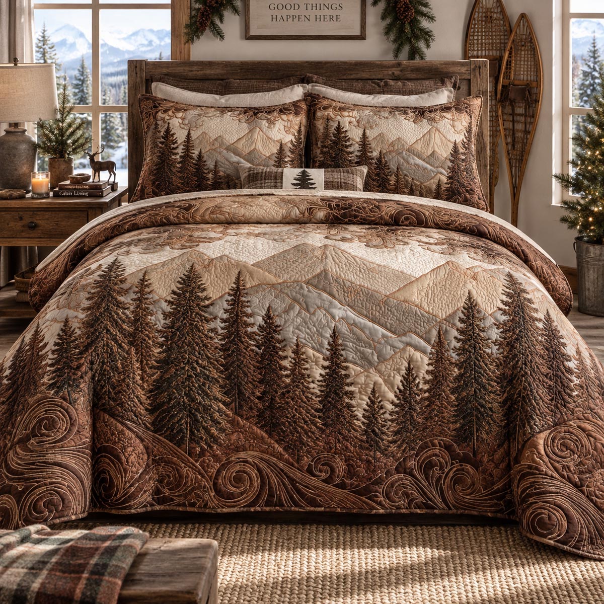 Rustic Mountain Pines 3-Piece Quilted Bedding Set SN0DV938