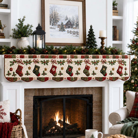 Rustic Poinsettia Stocking Quilted Mantel Scarf SN0HH0289