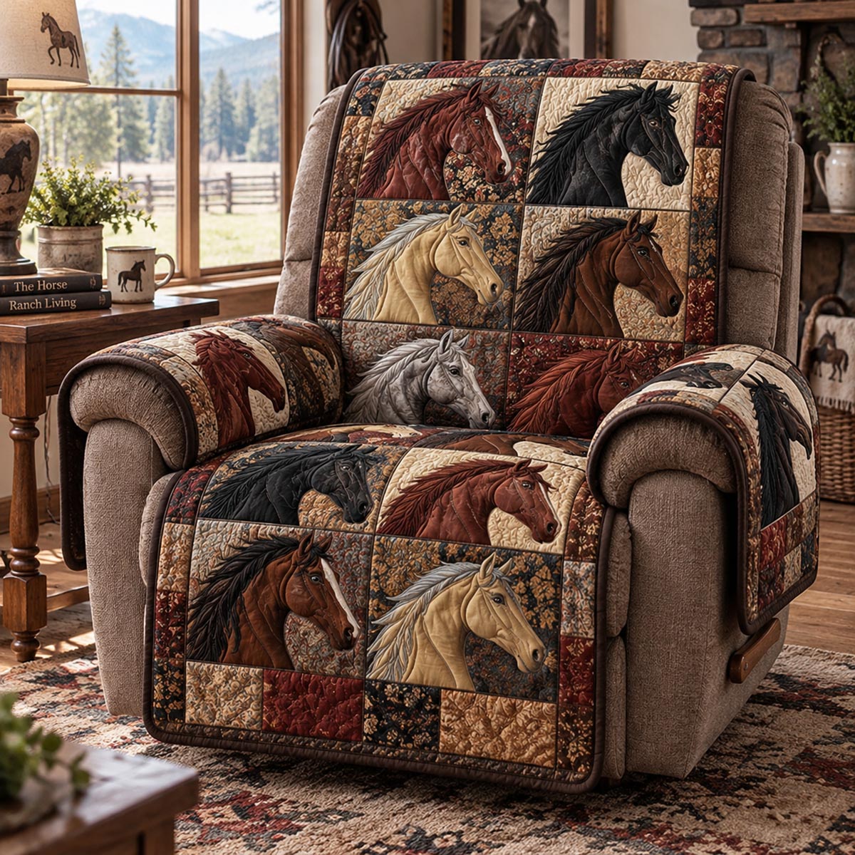 Rustic Stable Horses Quilted Sofa Cover SN0DV960