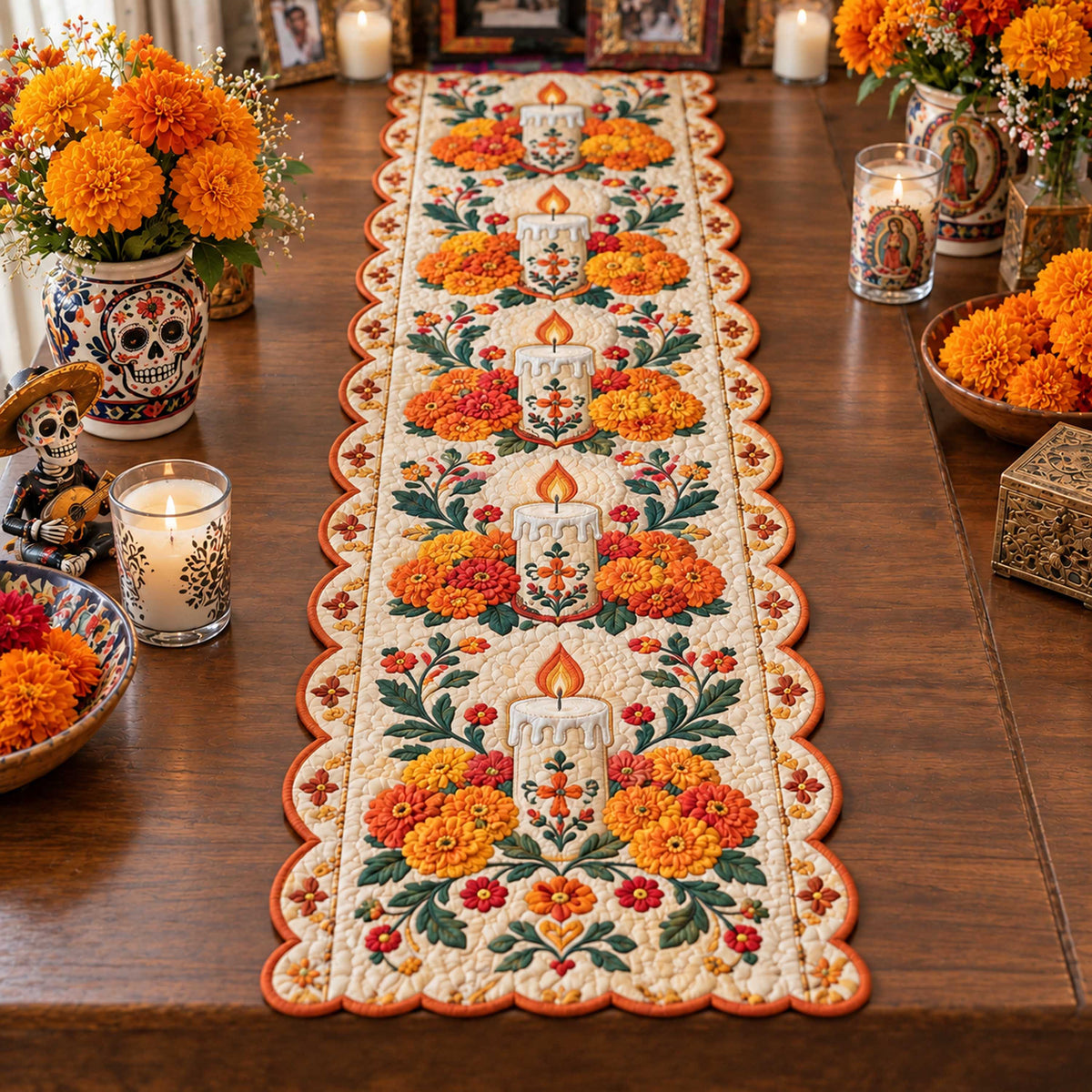 Sacred Marigolds Custom Shape Quilted Table Runner SN0TD699