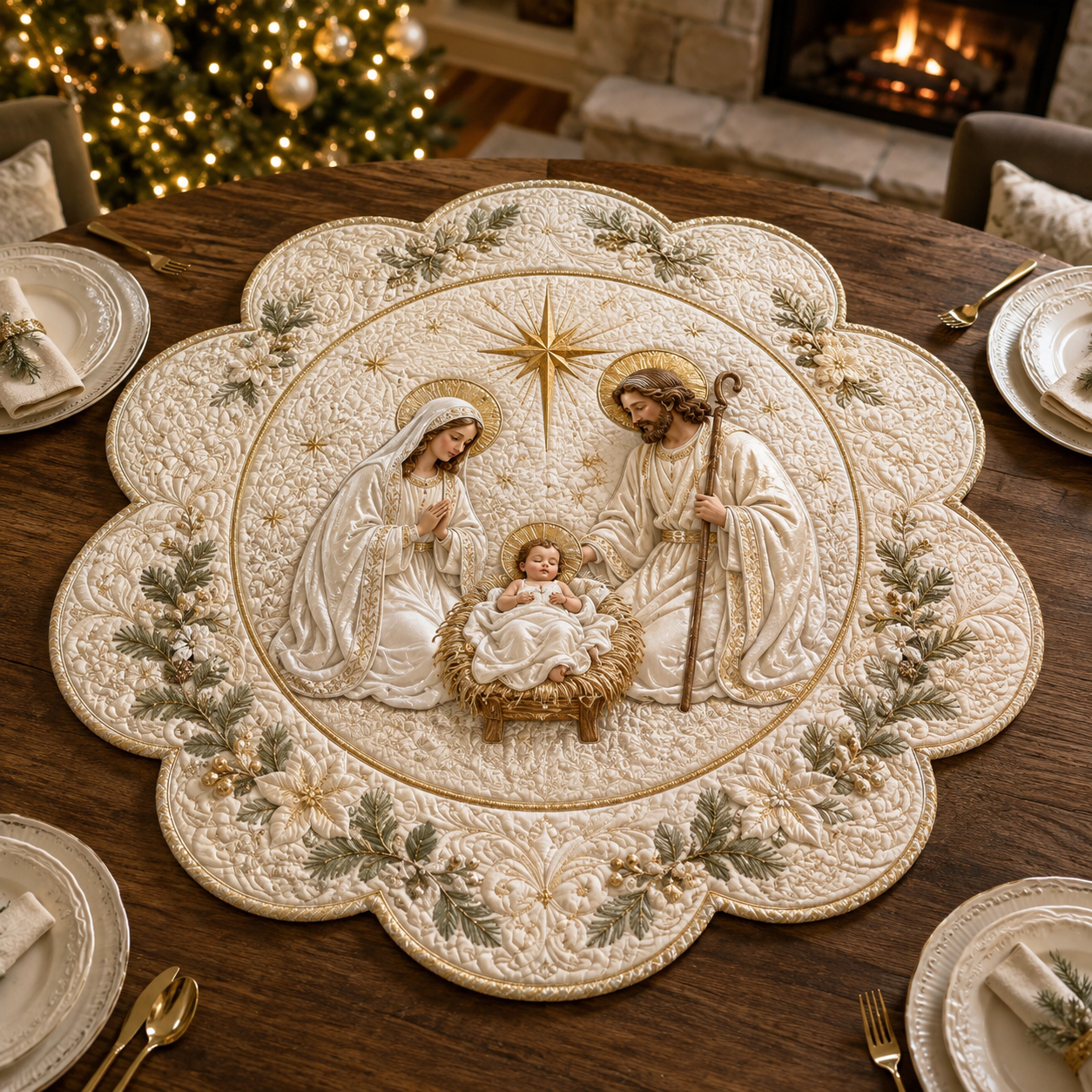 Sacred Nativity Custom Shape Quilted Table Topper SN0TD215
