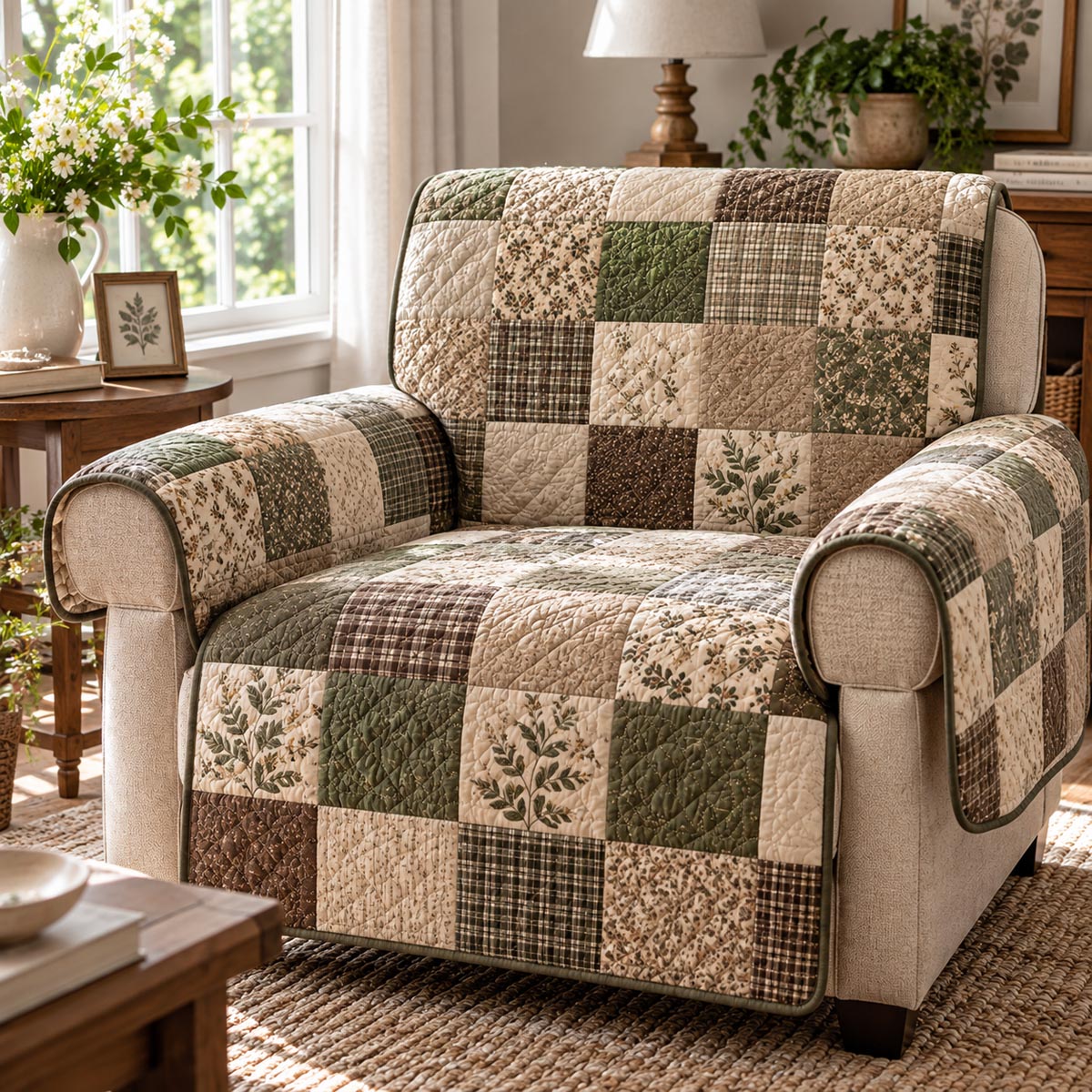 Sage Botanical Squares Quilted Sofa Cover SN0DV1056