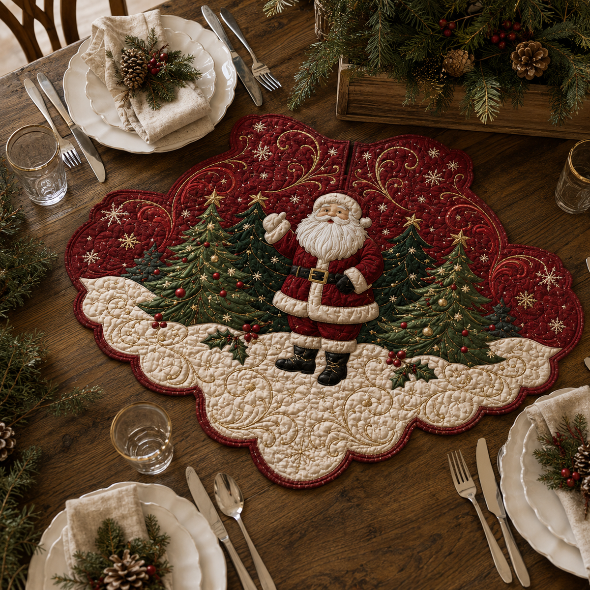 Santa Evergreen Custom Shape Quilted Table Topper SN0DV293