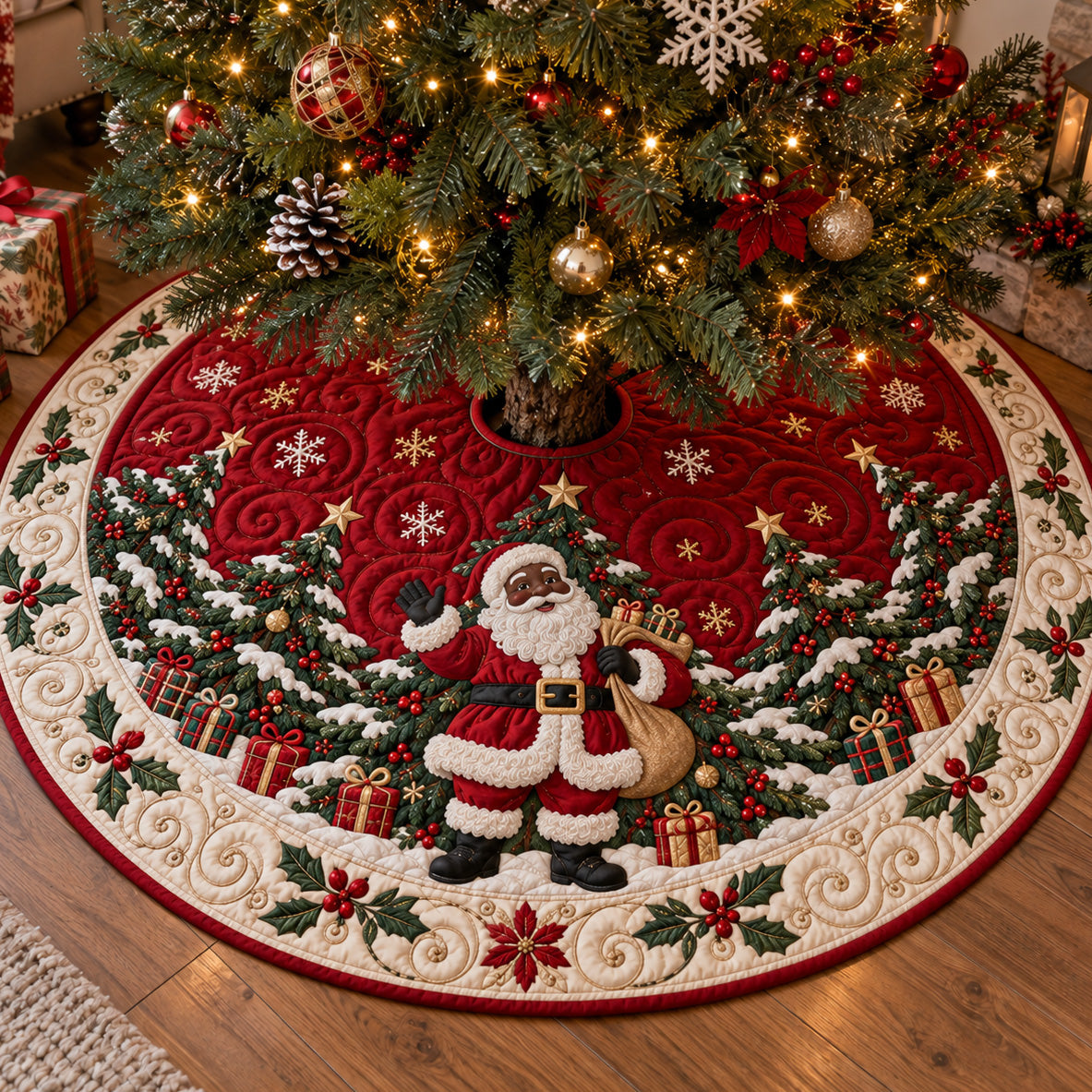 Santa Christmas Glow Christmas Quilted Tree Skirt SN0TV414
