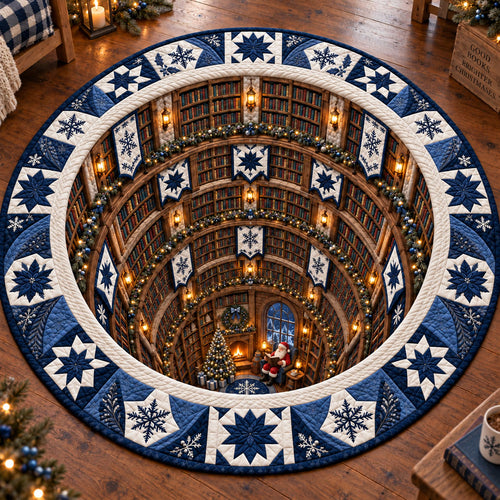 Santa Christmas Icy Blue Library Quilted Round Mat SN0PT1208
