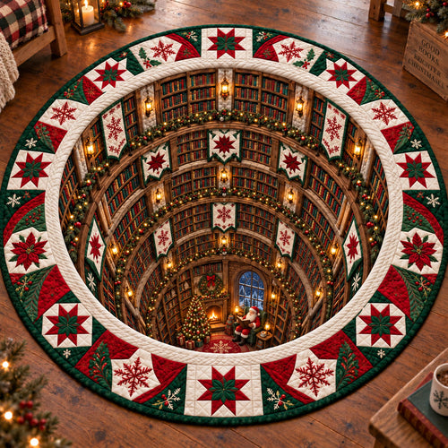 Santa Christmas Library Snow Blue Vortex Quilted Round Mat SN0PT1212