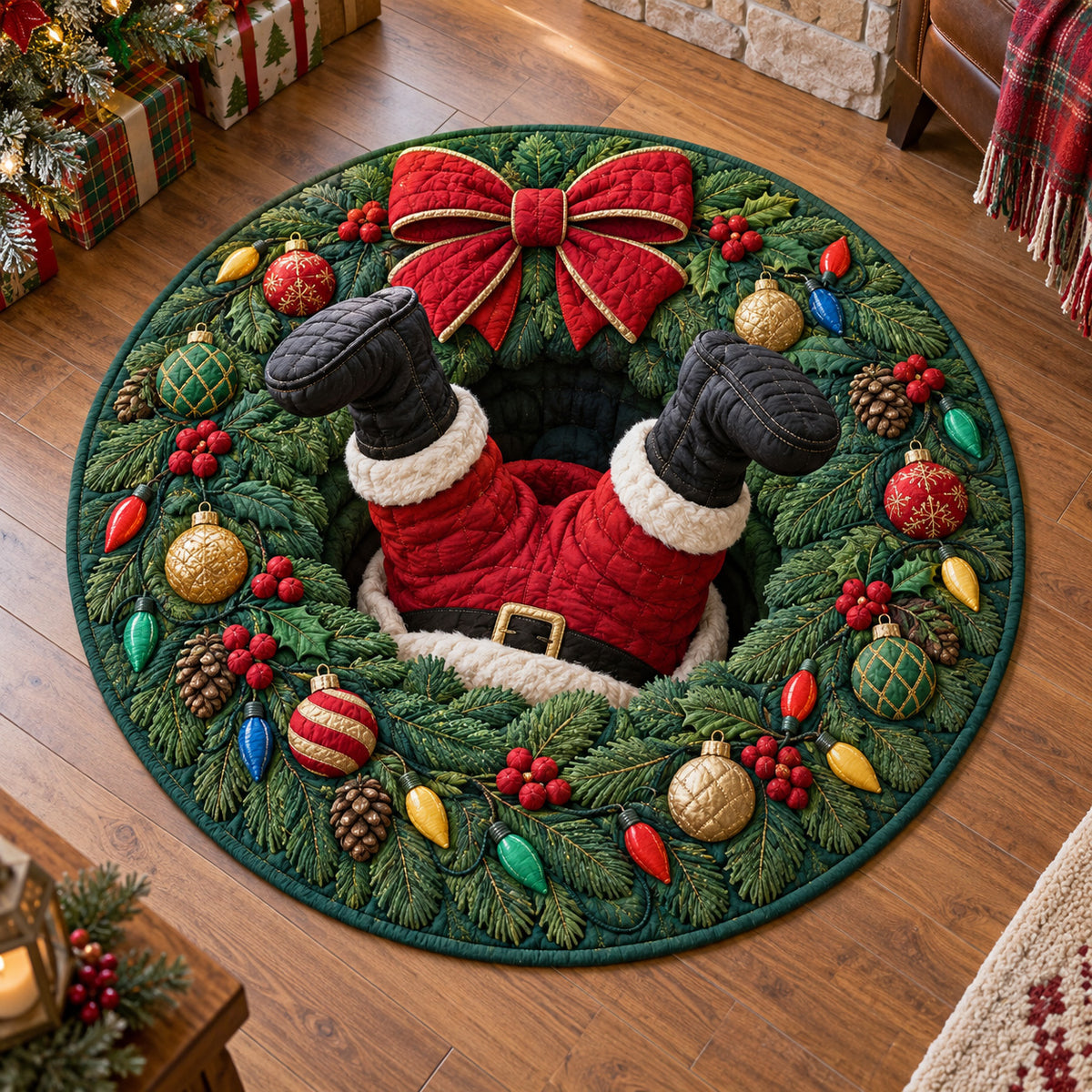 Santa Festive Wreath Quilted Round Mat SN0TV457
