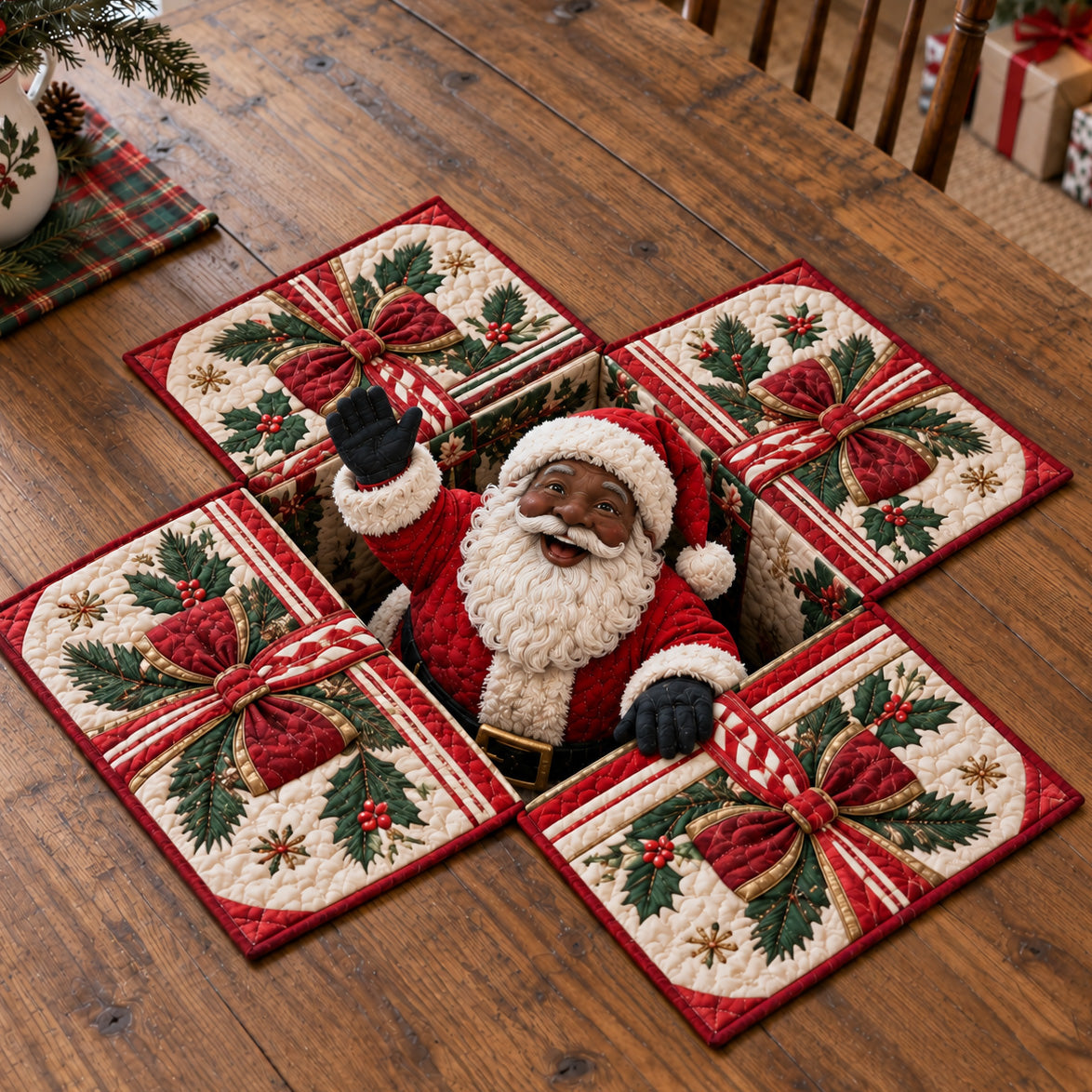 Santa Gift Patchwork Custom Shape Quilted Table Topper SN0TV506