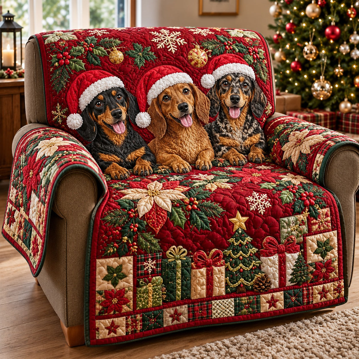 Santa Hat Dachshunds Quilted Sofa Cover SN0HH0962