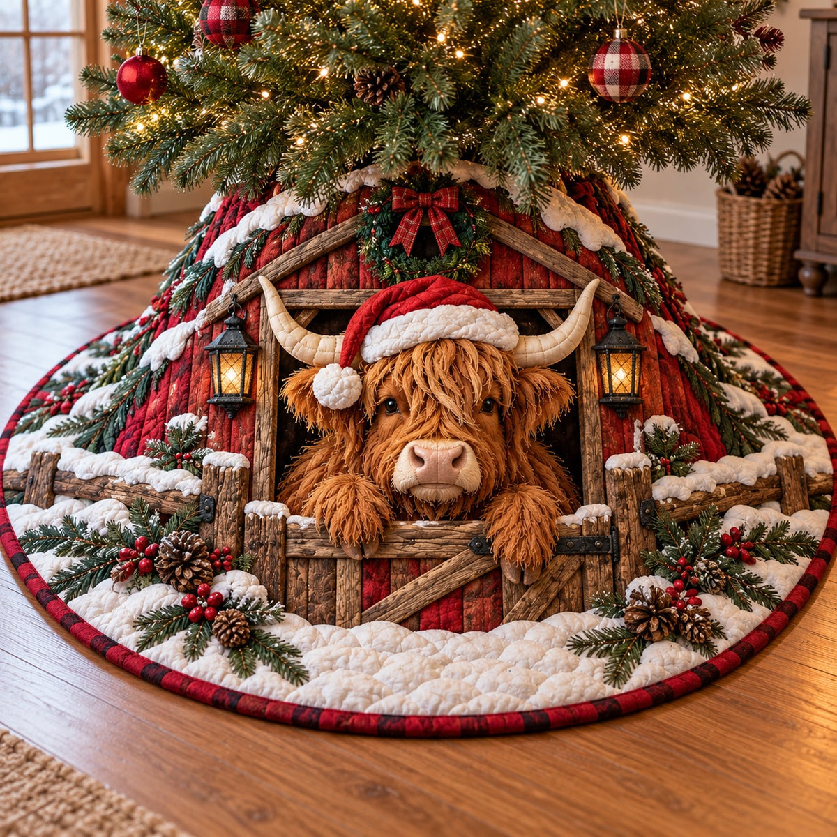 Santa Hat Red Barn Cow Christmas Quilted Tree Skirt SN0TV1075