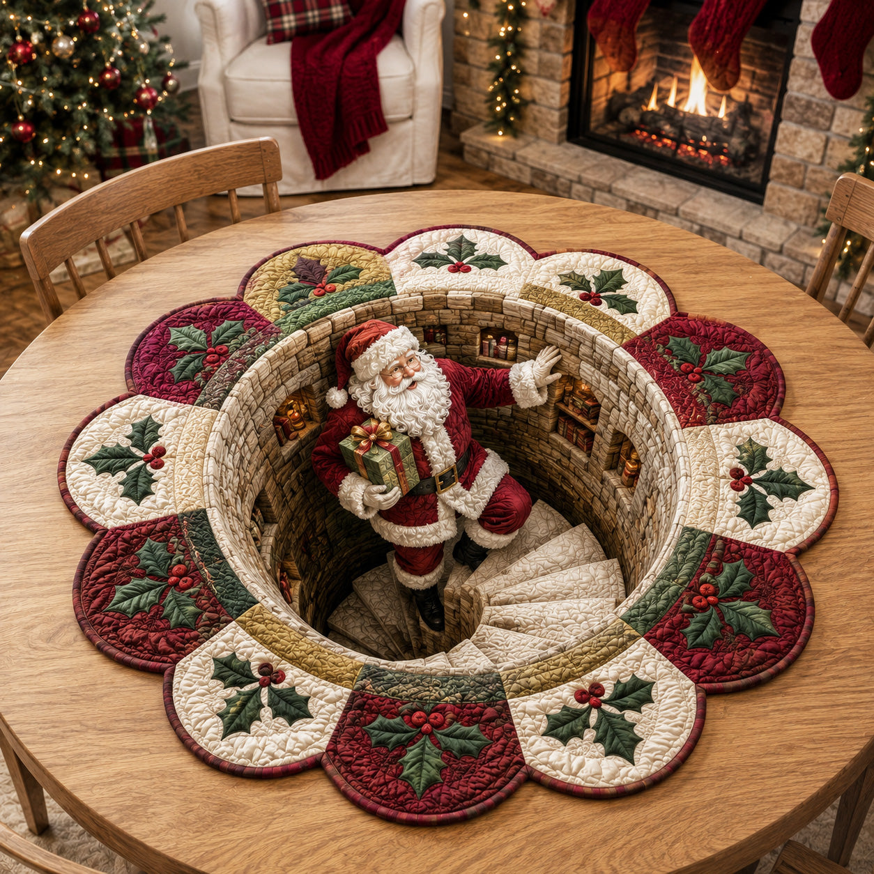 Santa Hideaway Custom Shape Quilted Table Topper SN0TV174