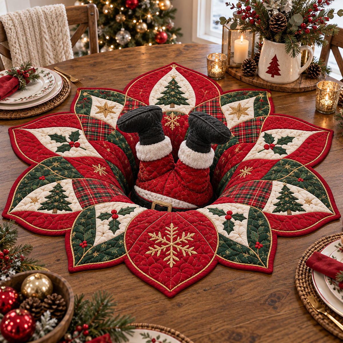 Santa Holly Blossom Custom Shape Quilted Table Topper SN0TV499