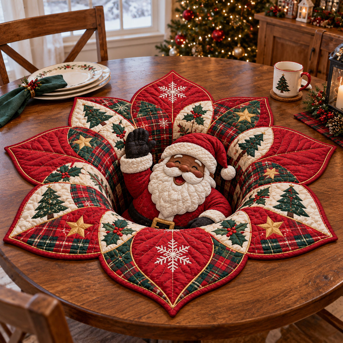 Santa Holly Petals Custom Shape Quilted Table Topper SN0TV503