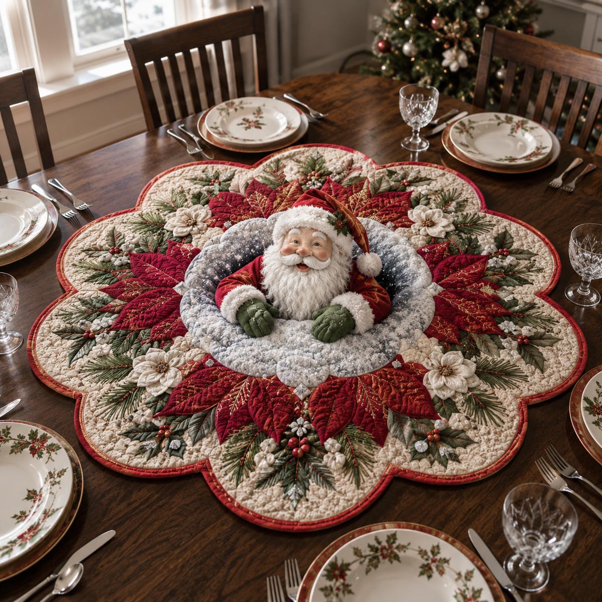 Santa Poinsettia Bloom Custom Shape Quilted Table Topper SN0DV330