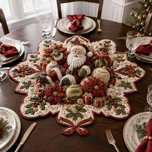 Santa Poinsettia Wreath Custom Shape Quilted Table Topper SN0DV310