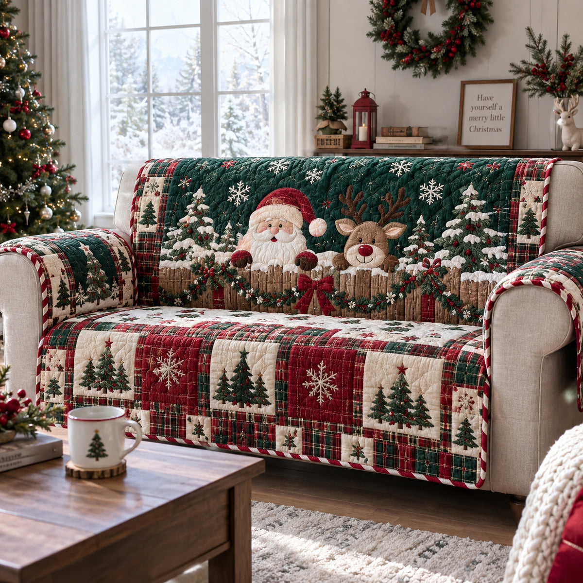 Santa Reindeer Forest Quilted Sofa Cover SN0DV637