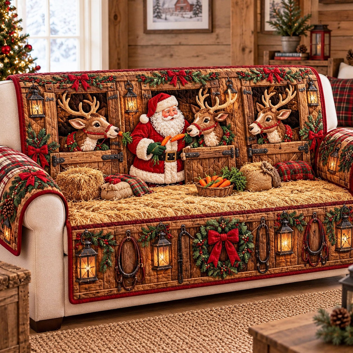 Santa Reindeer Stable Quilted Sofa Cover SN0TD1265