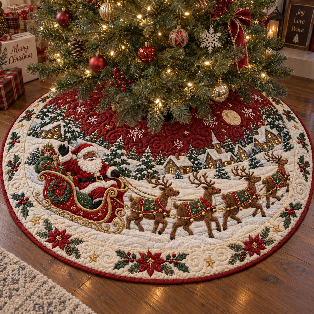 Santa Sleigh Ride Christmas Quilted Tree Skirt SN0TV416