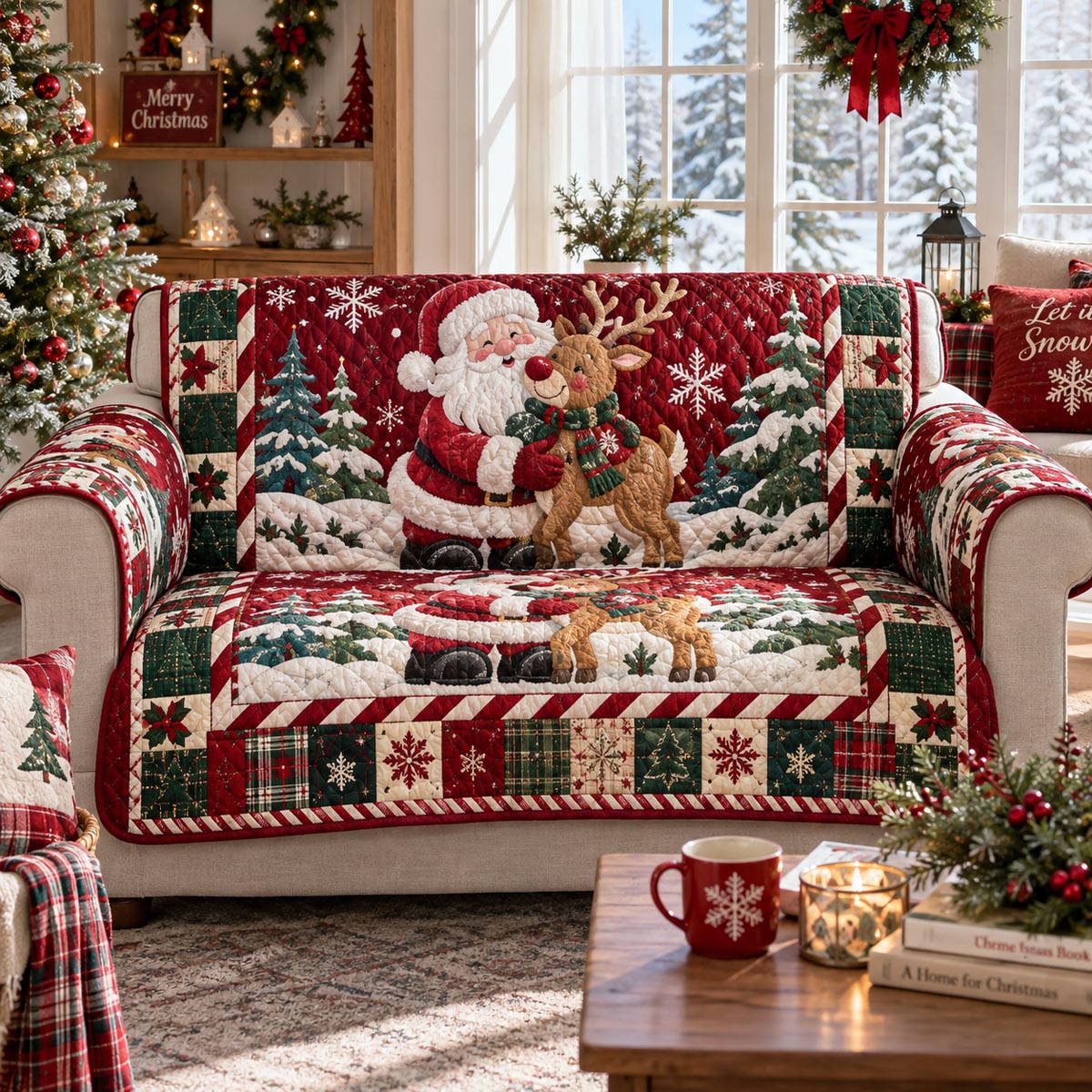 Santa Woodland Christmas Quilted Sofa Cover SN0DV649