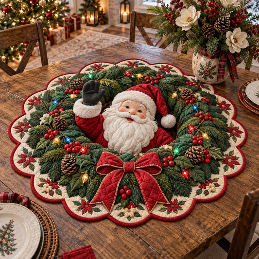 Santa Wreath Glow Custom Shape Quilted Table Topper SN0TV464