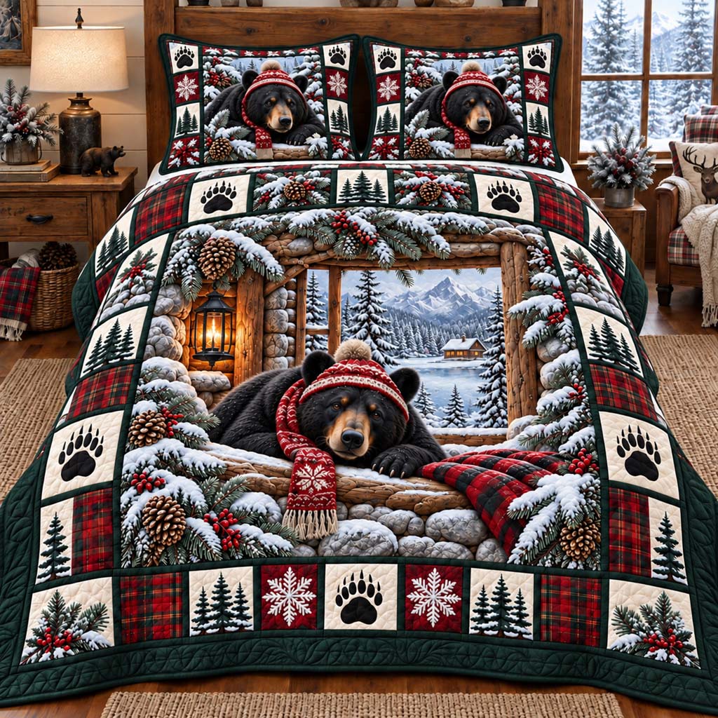 Scarf Window Bear 3-Piece Quilted Bedding Set SN0HH1001