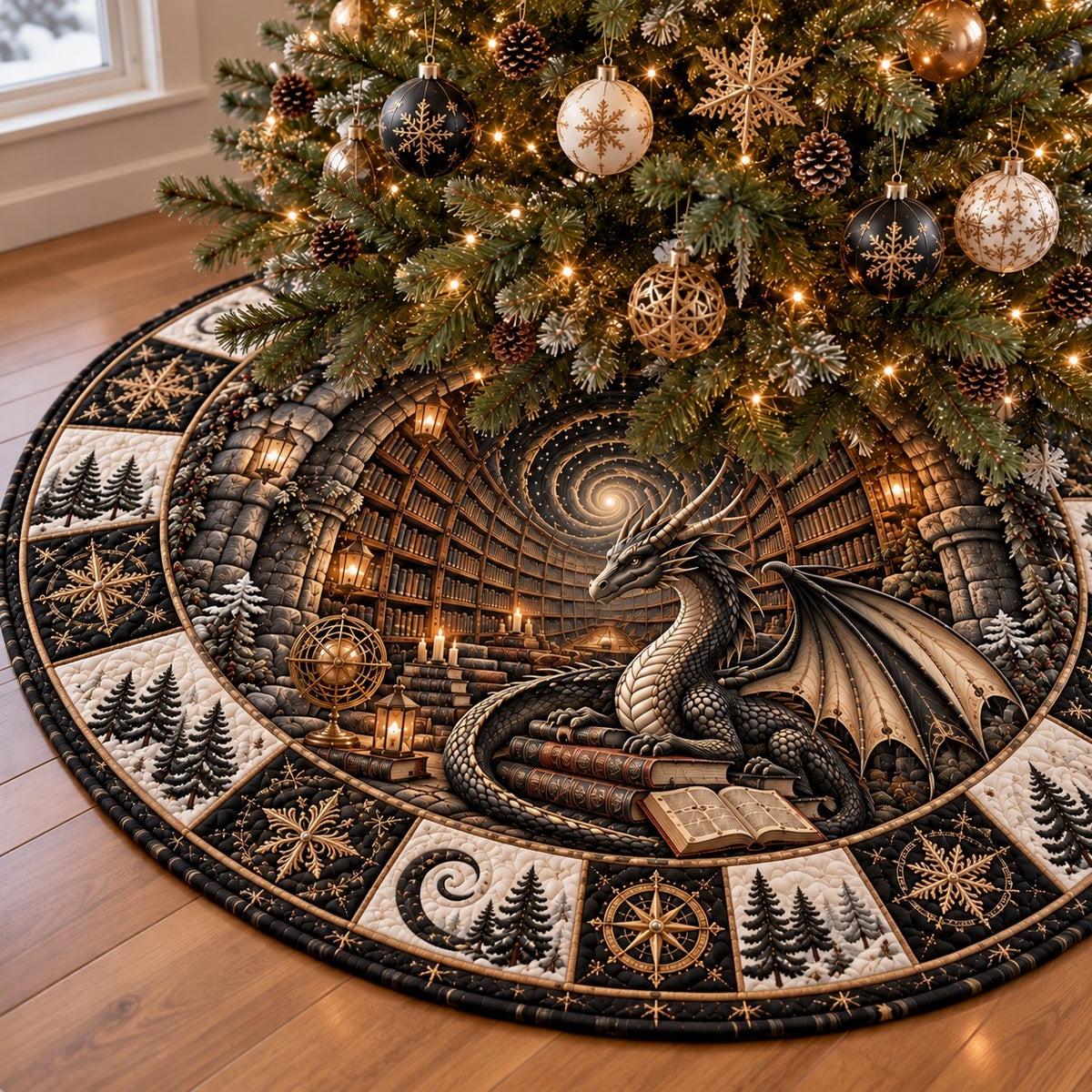 Shadow Library Dragon Christmas Quilted Tree Skirt SN0PT1500