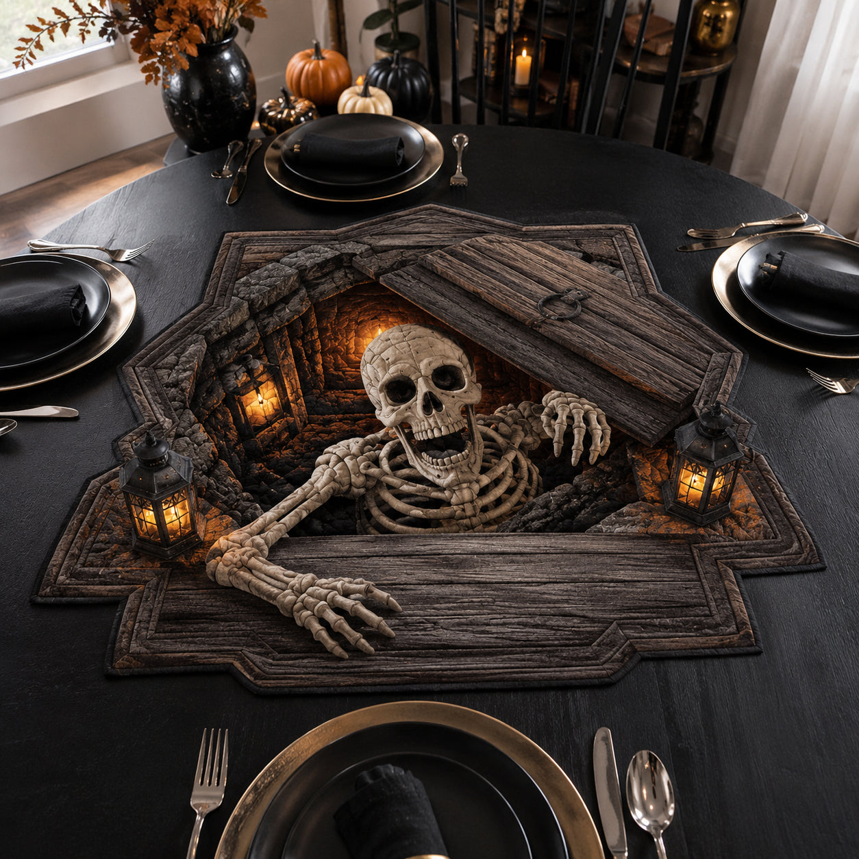 Skeleton Coffin Breakout Custom Shape Quilted Table Topper SN0DV367