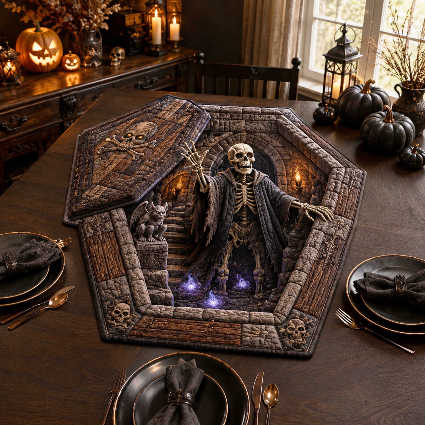 Skeleton Manor Custom Shape Quilted Table Topper SN0TD296