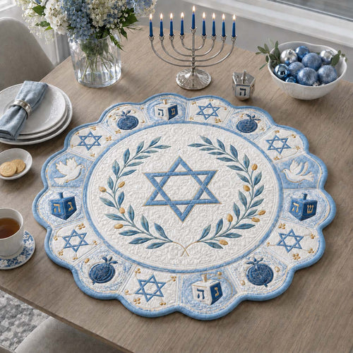 Sky Hanukkah Olive Custom Shape Quilted Table Topper SN0HH0191