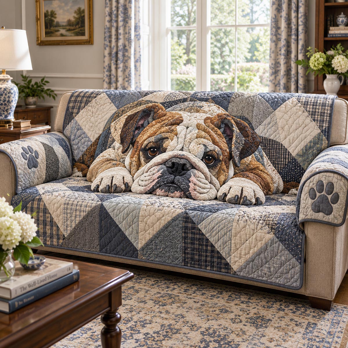 Sleepy Bulldog Blue Quilted Sofa Cover SN0DV658