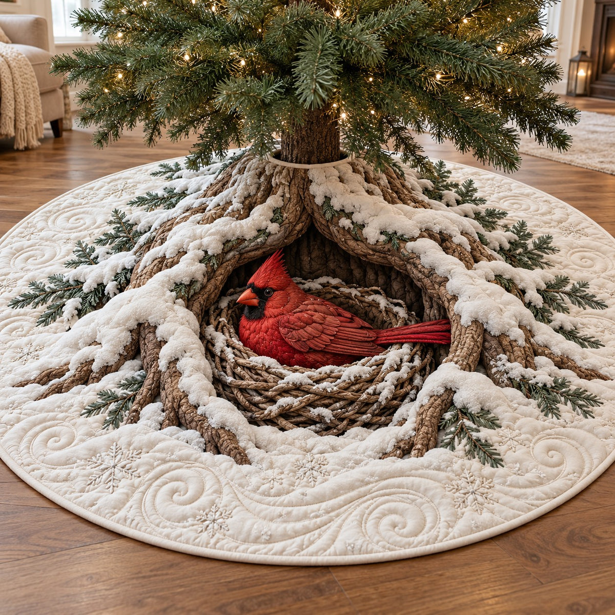 Snow Nest Cardinal Quilted Tree Skirt SN0TV1050