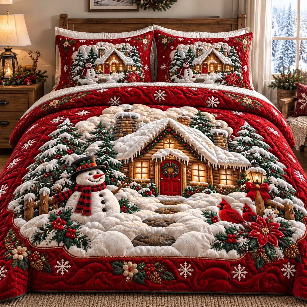 Snowman Cabin Red Quilted Bedding Set V2 SN0HH1032