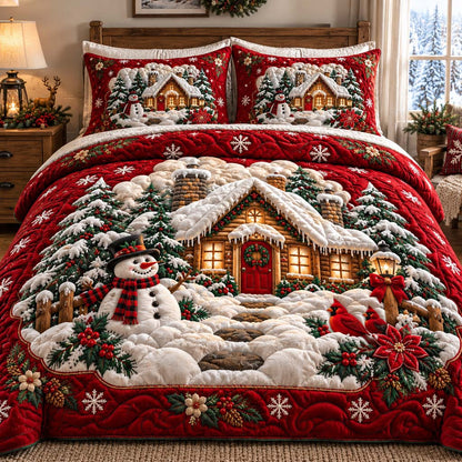 Snowman Cabin Red Quilted Bedding Set V2 SN0HH1032