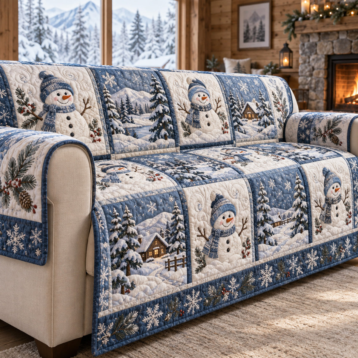 Snowman Forest Retreat Quilted Sofa Cover SN0TV408