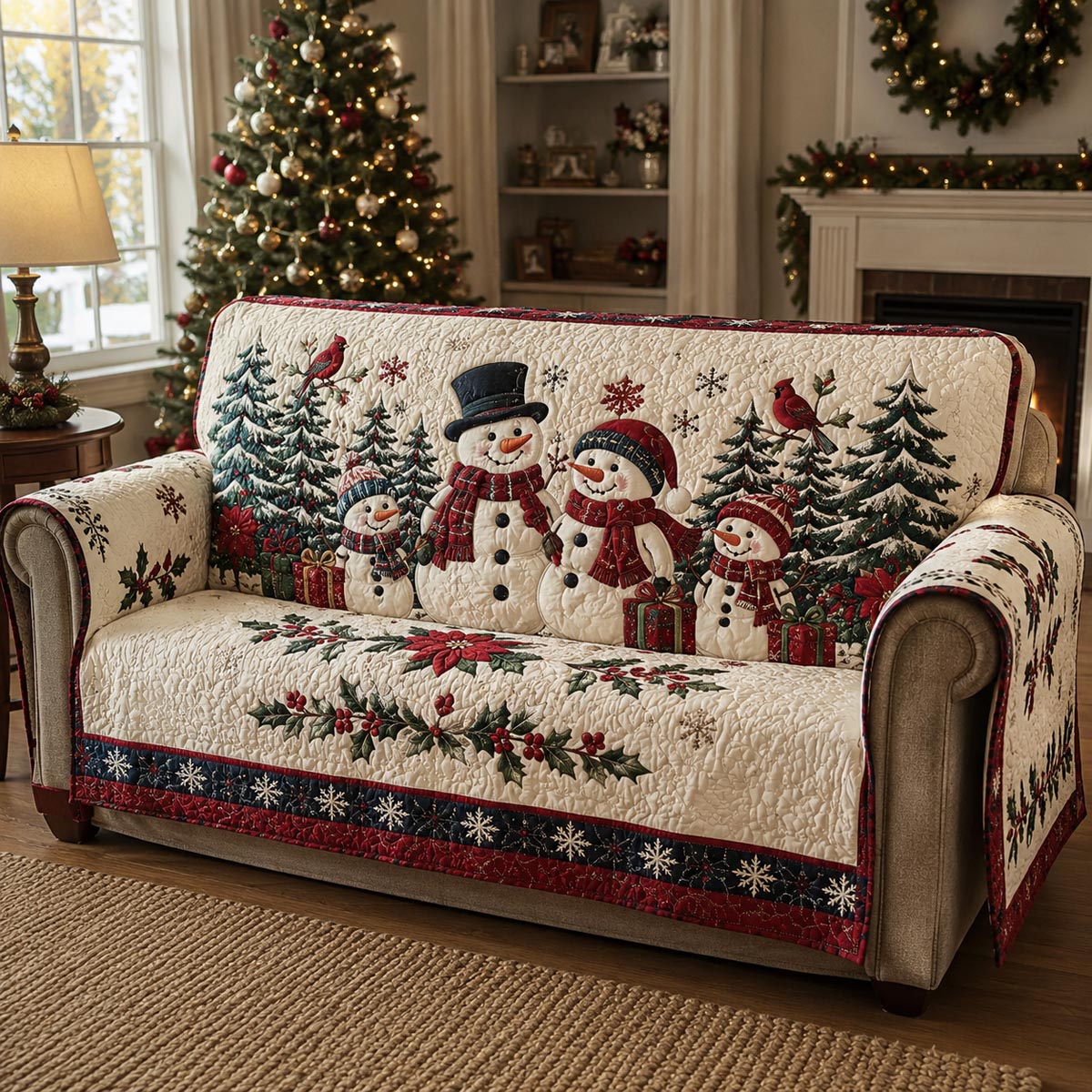 Snowman Gathering Quilted Sofa Cover SN0DV152